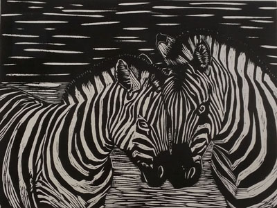 Zebras (i)(2016), woodcut on paper - Pui Lee